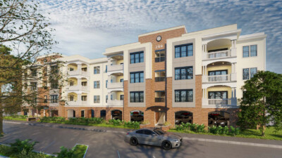 Multifamily building design rendering with flat roof