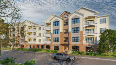 Multifamily building design rendering with pitched roof